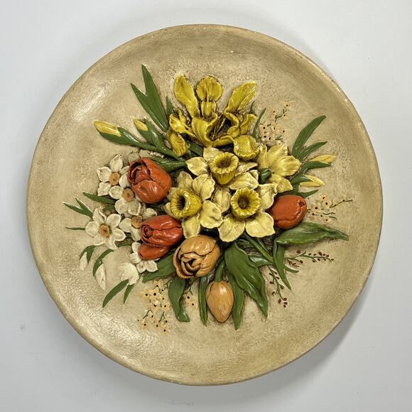 Vintage BOSSONS Style Handpainted Spring Flowers Chalkware Wall Plaque Decor 14” - Picture 1 of 9